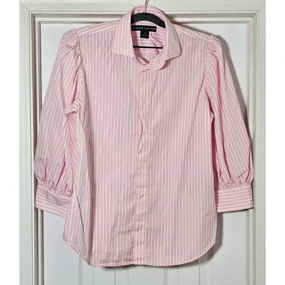 Ralph Lauren Pink Striped Puff Sleeve Button Up Shirt Women's Size 12 - Picture 1 of 5